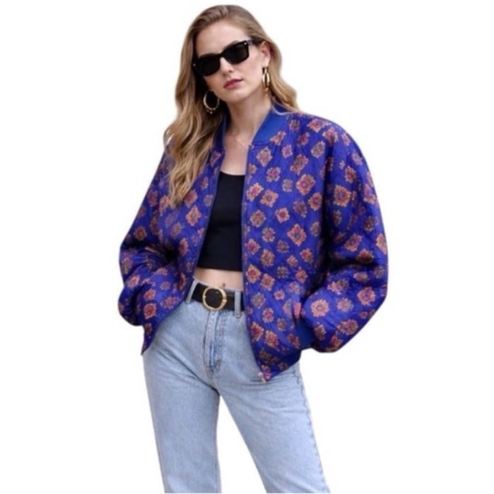Jacqueline Ferrar Vintage Blue Quilted Bomber Jacket OS 1980s Baroque Statement